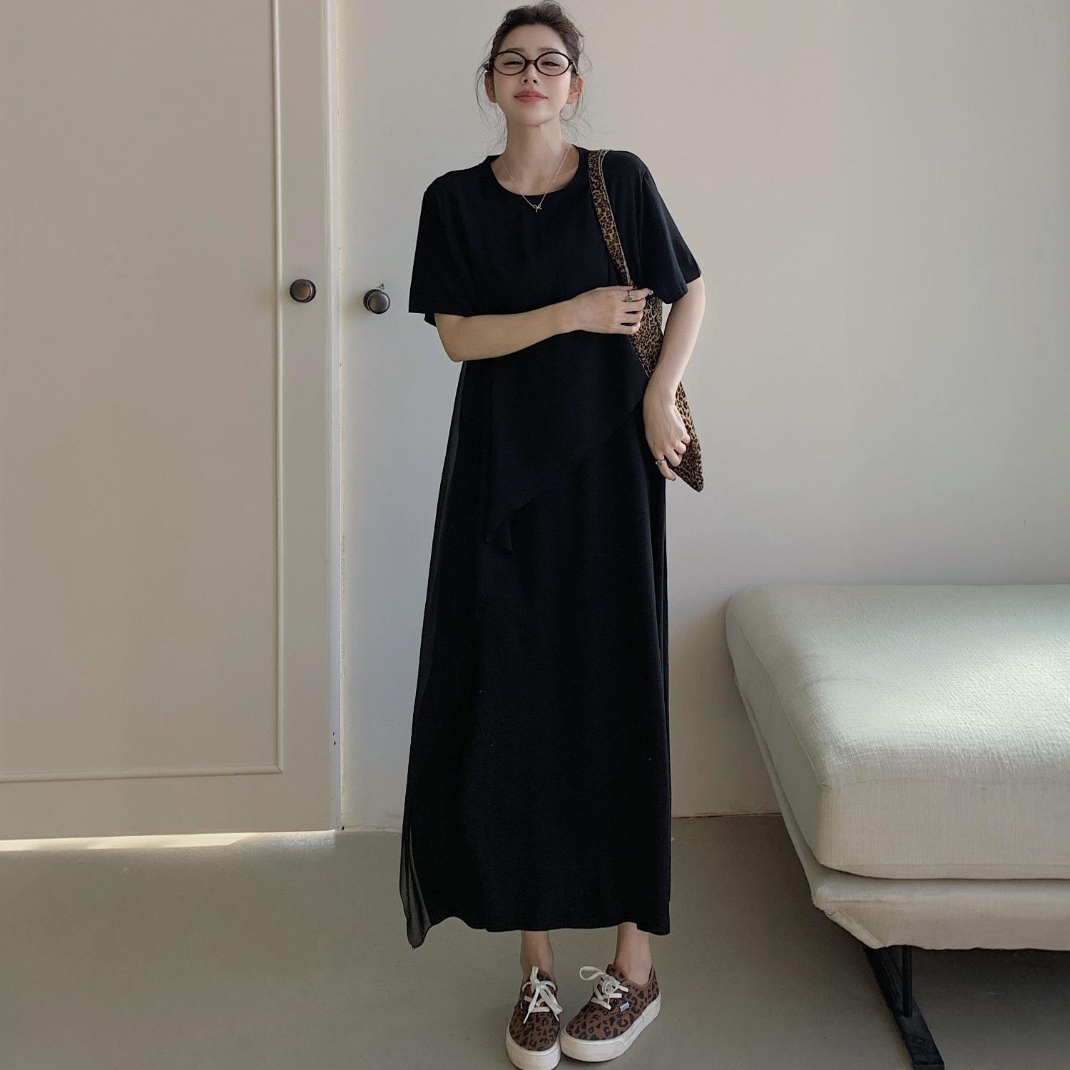 

DIMANAF 2025 Summer Plus Size Dress Women Casual Vintage Dress Basic Loose Black O-Neck Long Dress Cotton 3XL чёрный