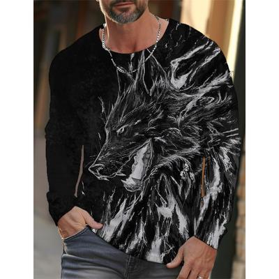 Męski T-shirt z Długim Rękawem Nadruk 3D Wilk Nadruk Zwierzęcy Męski Jesienny Top Casualowy T-shirt z Okrągłym Dekoltem Oversize Outdoorowy Pulower