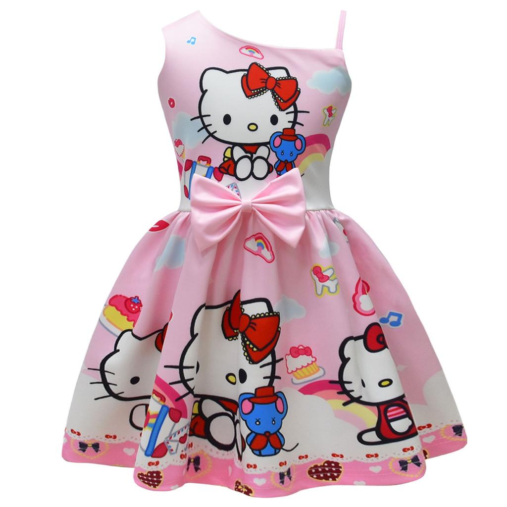 Ärmelloses Kleid mit Hello Kitty Cartoon-Print und Rüschendetails für das Frühlings-Verkleiden