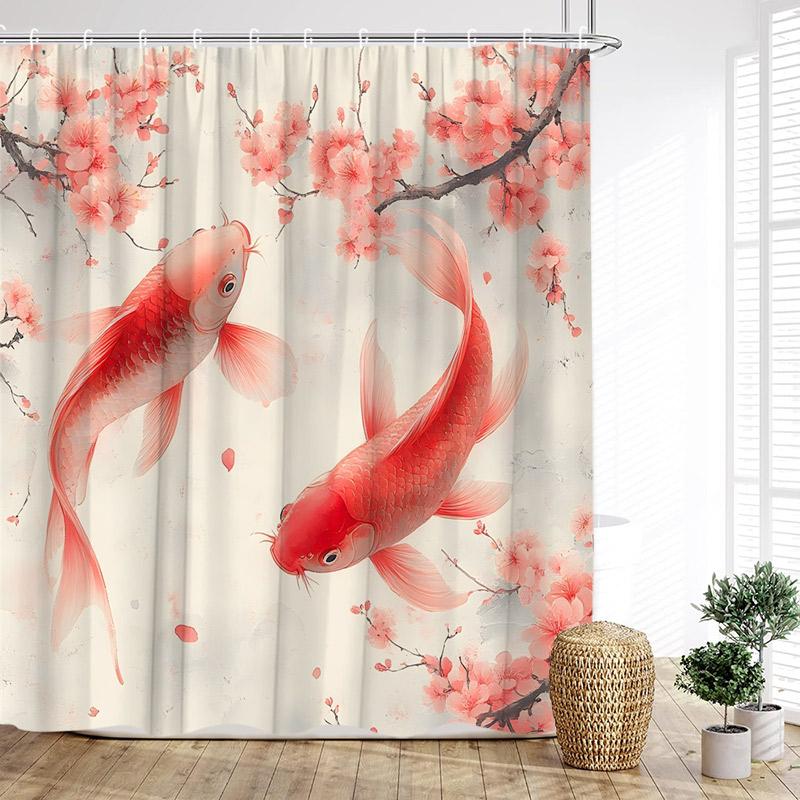 Havsvågor Bläckfisk Duschdraperier Sol Röd Floral Paviljong Japansk Stil Landskap Polyestertyg Hem Badrum Draperi Dekor