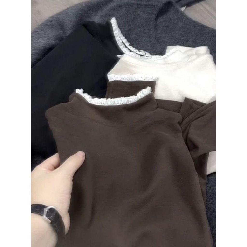 Women's Slimming Plus Size Lace High Neck Long Sleeve Warm Base Layer T-shirt for Autumn/Winter