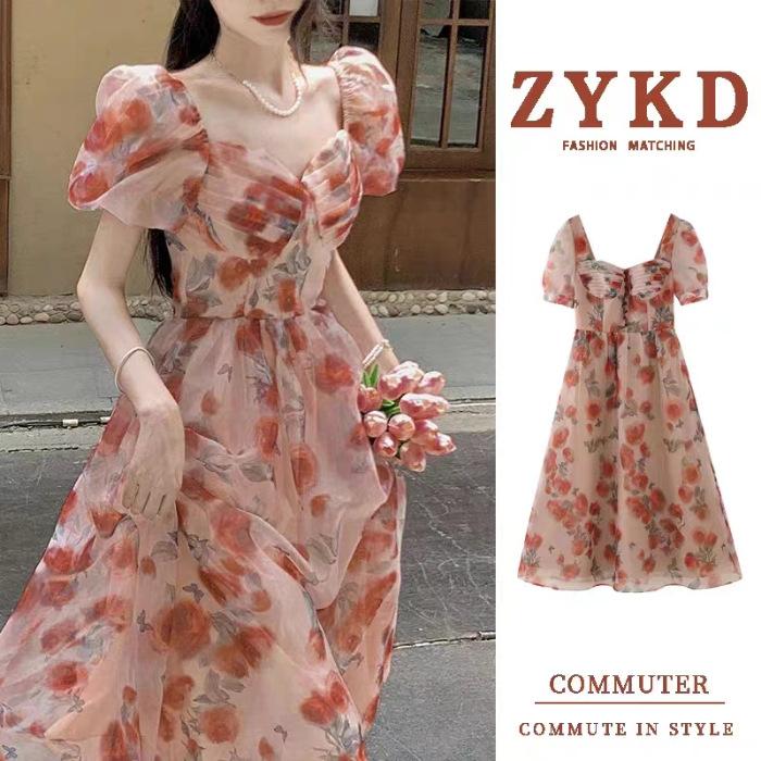 French retro rose V-neck bubble sleeve dress summer niche high-end temperament waist fairy long dress S