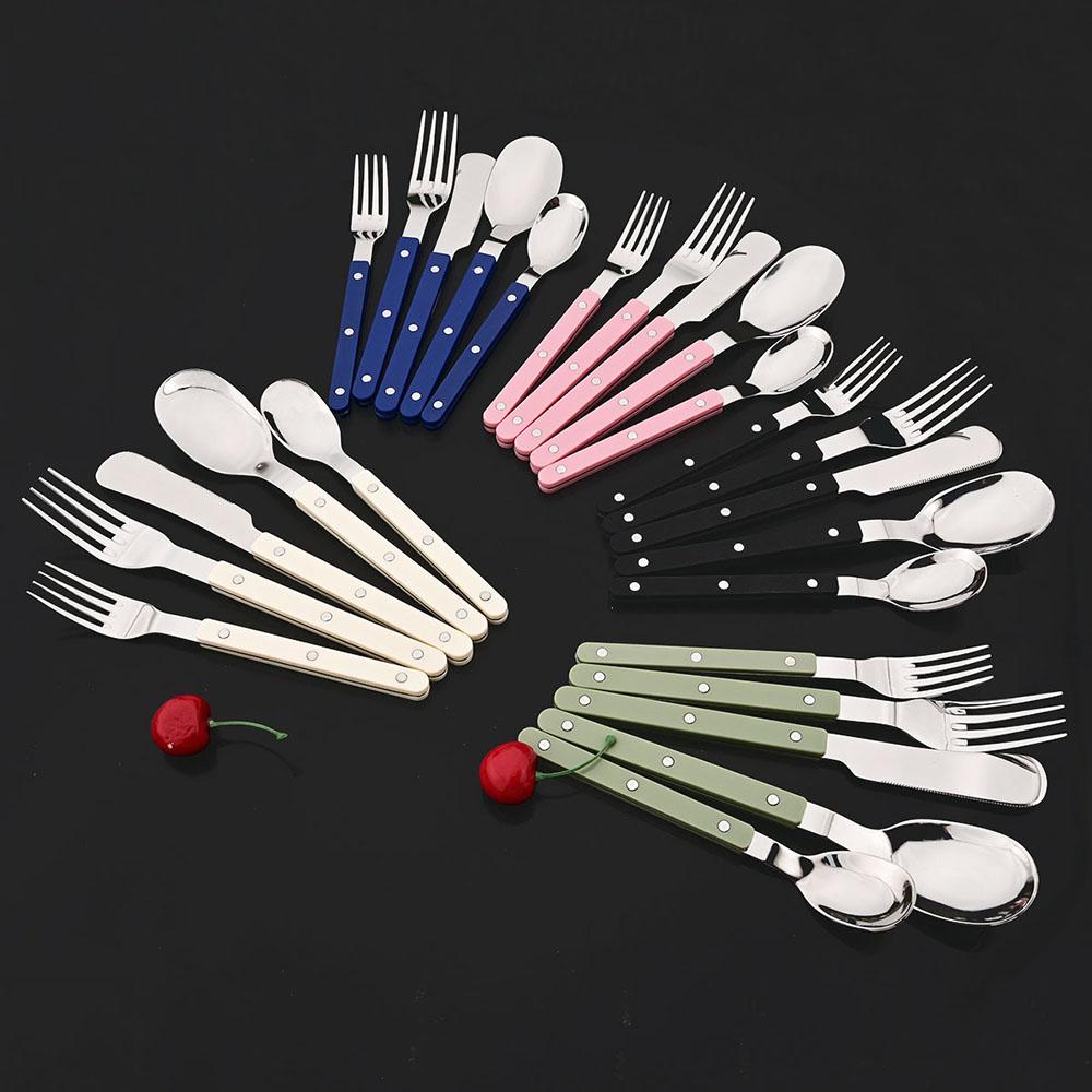 20Pcs Cutlery Set Acrylic Handle Tableware Knife Fork Set Stainless Steels Green Silver Western Dinnerware Home Kitchen Flatware