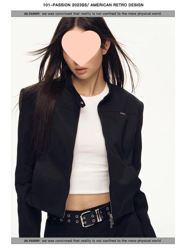 Amerikanische Retro Cool Hot Girl Schwarze Stehkragen Schlankmachende Frühlingsjacke für Damen