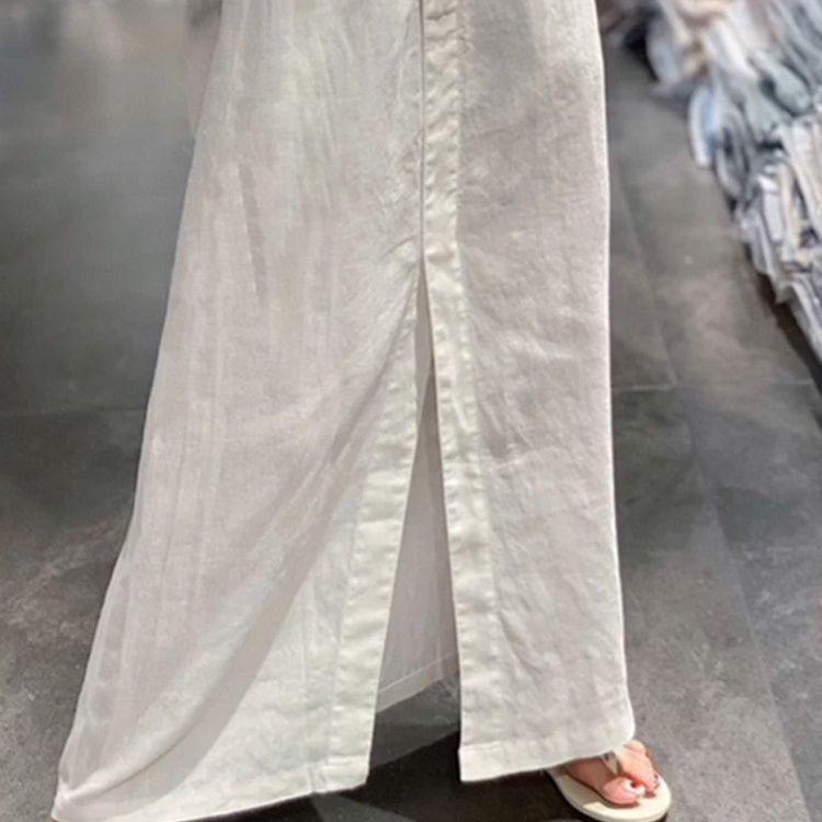 Damen Französischer Minimalistischer Weißer Leinen Midi-Rock - Elastischer Bund Slim-Fit Schlitz vorne Langer Rock für Sommer