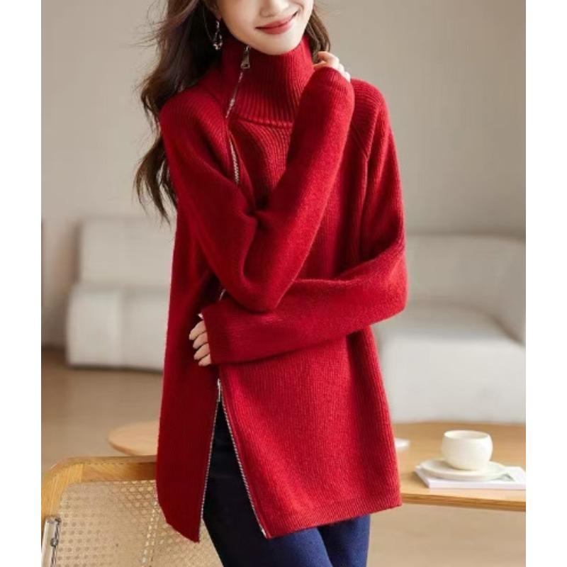 

Новый свободный свитер средней длины с косым запахом на молнии с лацканами, вязаный, для женской осени и зимы женский + кардиган для женщин One size красный