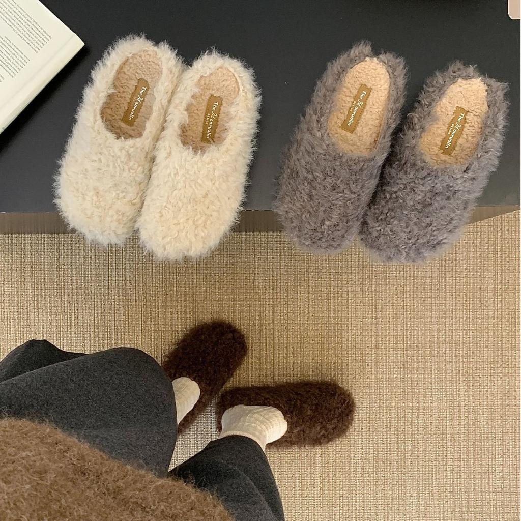 Korean version of one-pedal lamb wool shoes 2025 big head wool inside half drag slippers bag head flat women's shoes