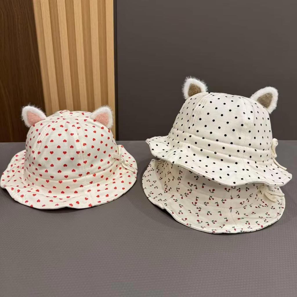 Niedlicher Blumenpunkt Schleifendruck Baby Bucket Hat mit Ohren Sommer Baumwolle Kleinkind Mädchen Fischerhut Outdoor Säugling Sonnenschutz Kappen