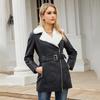 Long-sleeved plus velvet leather jacket women's lapel double-headed zipper belt warm jacket