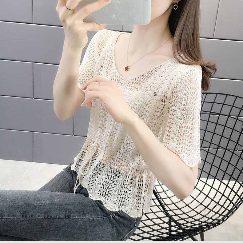 Korean Loose Drawstring Hollow Knit Pullover Blouse Short Sleeve Versatile Thin Sweater Women