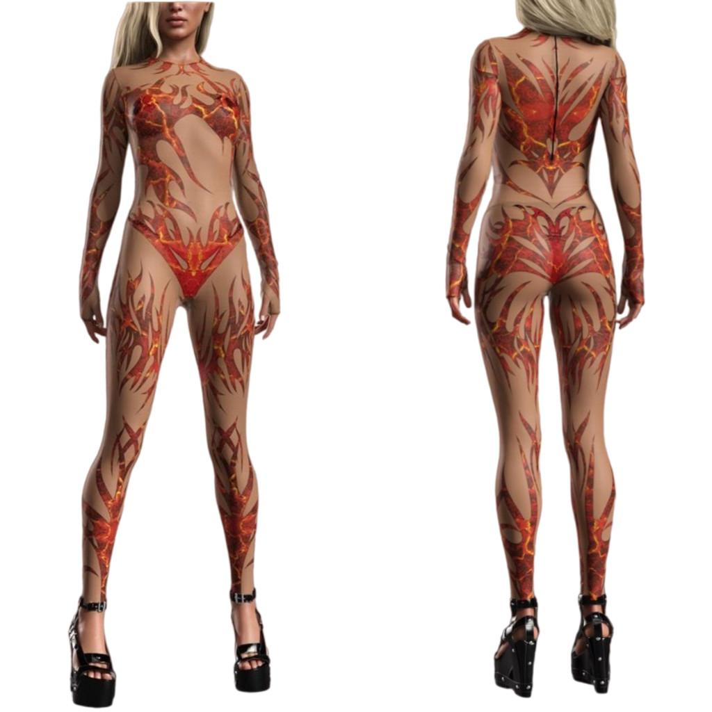 Damen Hautkörper Bemalte Sexy Strumpfhosen Erwachsene 3D Digitales Feuerdruck Halloween Party Tanz Verkleidung Outfit Jumpsuit