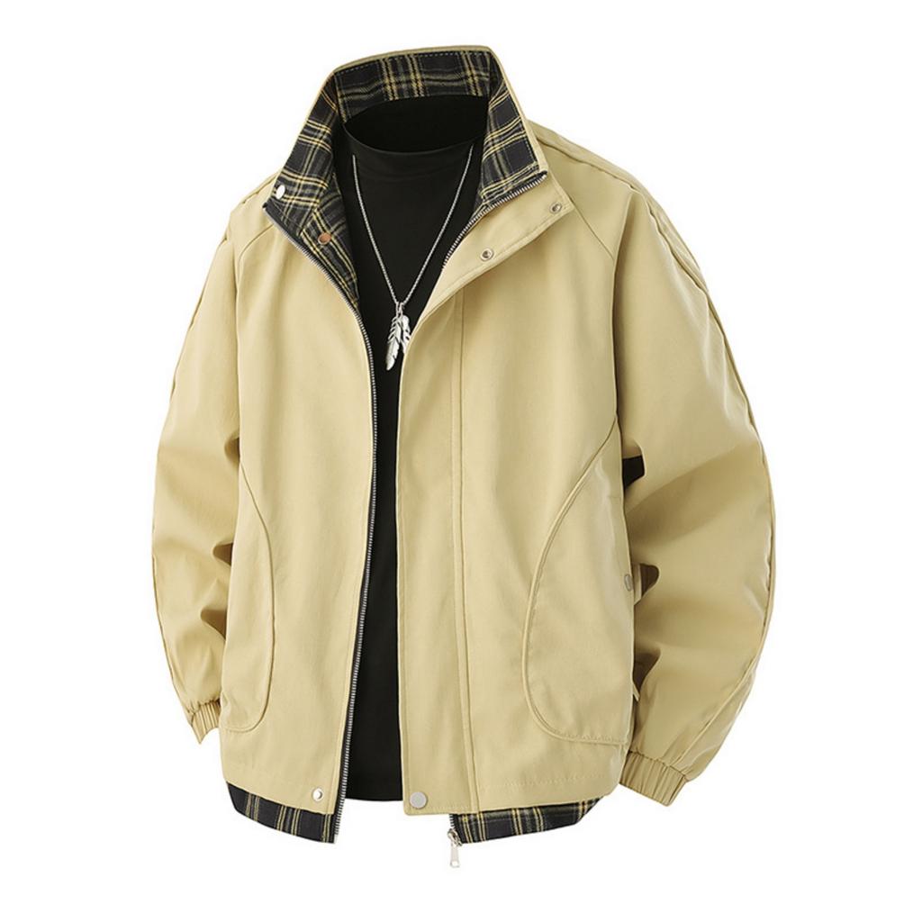Men's Casual Checkered Patchwork Style Sports Jacket, Men's Loose Stand-up Collar Work Jacket
