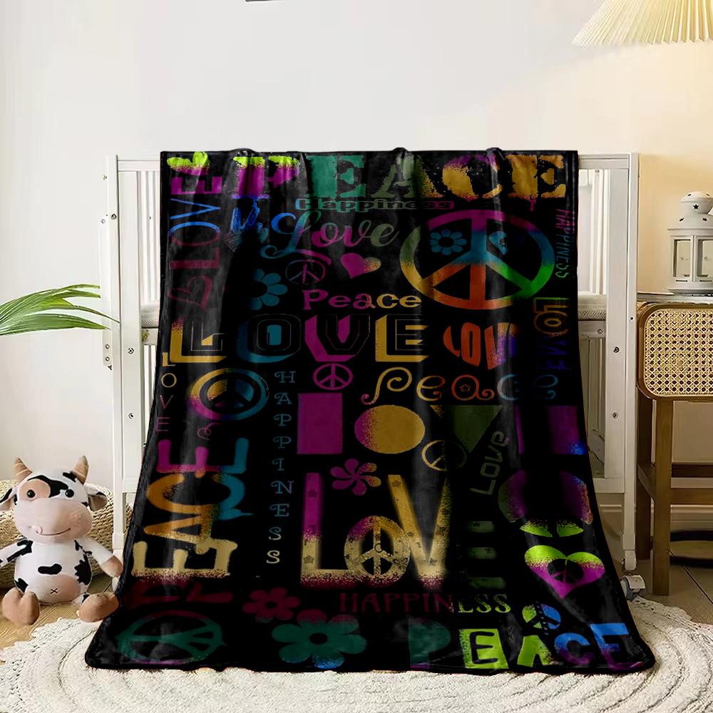 Colorful Peace and Love Text Art Blanket Flannel blanket for bedroom, living room, sofa, and nap sofas.