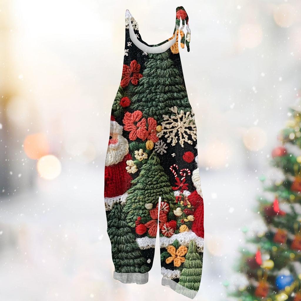 Frauen Overall Weihnachts Druck Beiläufige Lose Vintage Schulter Gurt Baumwolle Leinen