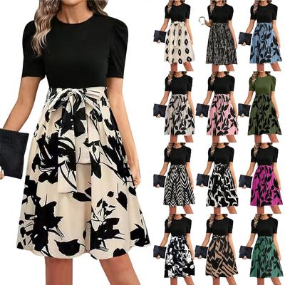Vestidos Elegantes Femininos da Moda Casual com Cinto e Manga Curta com Decote Redondo