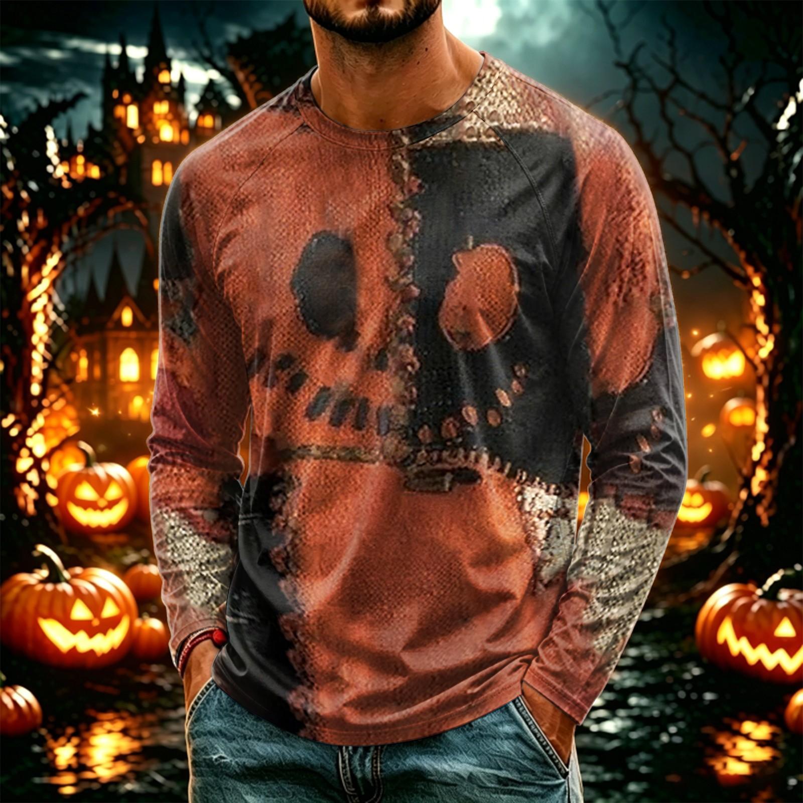 Men s Casual Halloween Printed Long Sleeve Round Neck Lightweight T-Shirt L