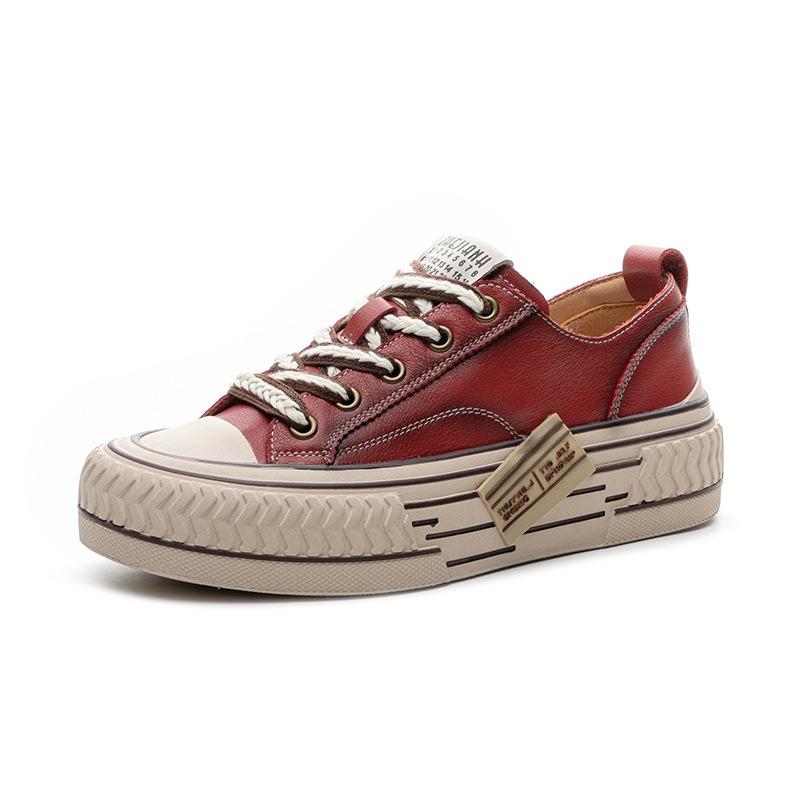 The first layer of cowhide retro red board shoes women's spring new versatile lace-up single shoes sports and leisure white shoes