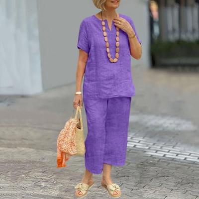 Conjunto de Blusa de Manga Curta e Calça para Mulheres Top Solto Calça de Perna Larga