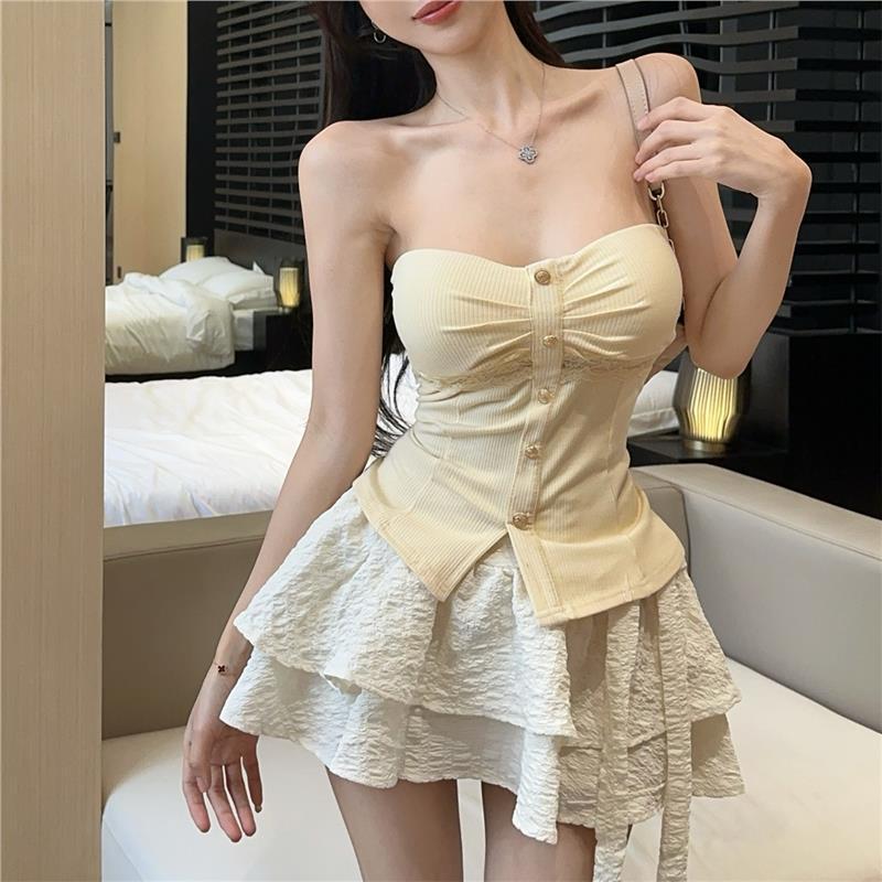 Korean Style Strapless Lace Patchwork Slimming Split Top - Women's Summer New Arrival