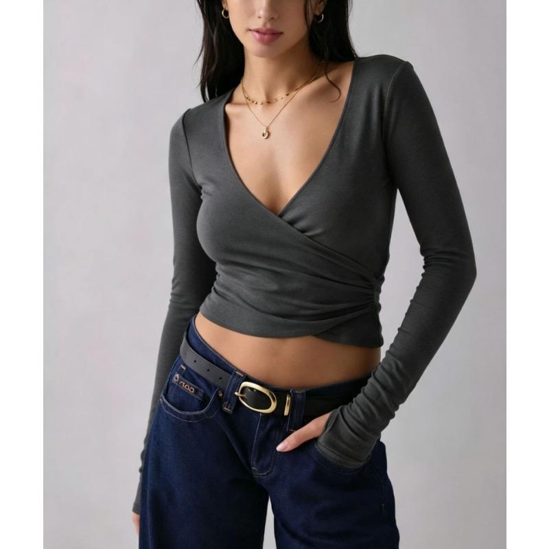 Women S Slim Fit V Neck Long Sleeve T Shirt With Cross Waist Wrap