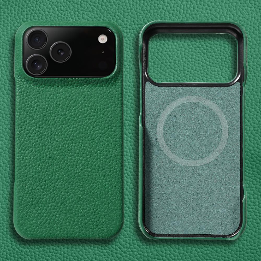 Lychee Natural Cowhide Leather for Magsafe Case for iPhone 17 Air 15 16 Pro Max 17Pro Magnetic Protector Luxury Phone Back Cover