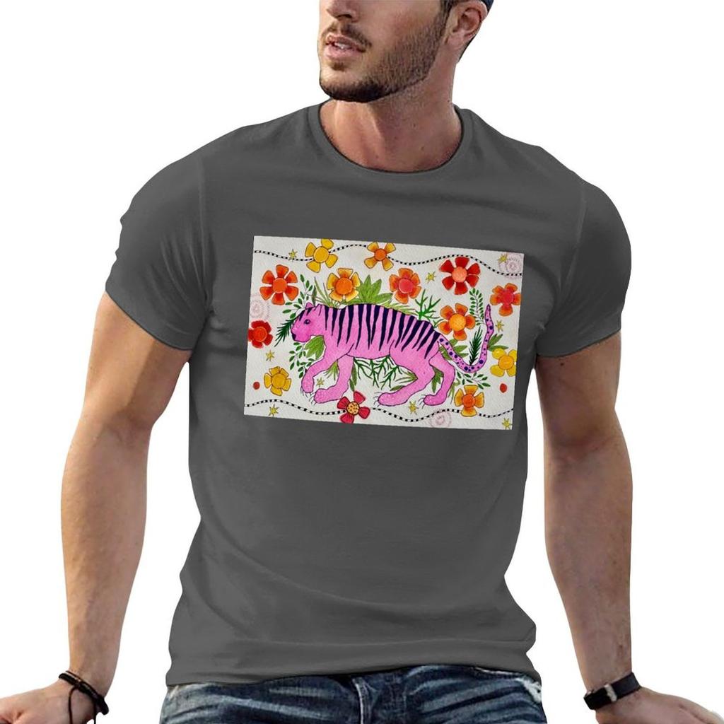 Pink Tiger With Flowers TShirt Unisex T Shirts Cotton T Shirt Unisex Luxury Printed T Shirts For Unisex TShirt