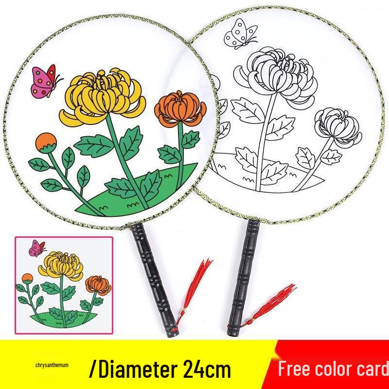 DIY Children's Silk Cloth Round Fan with Bamboo Handle - Palace Style Hand-Painted Kindergarten Craft
