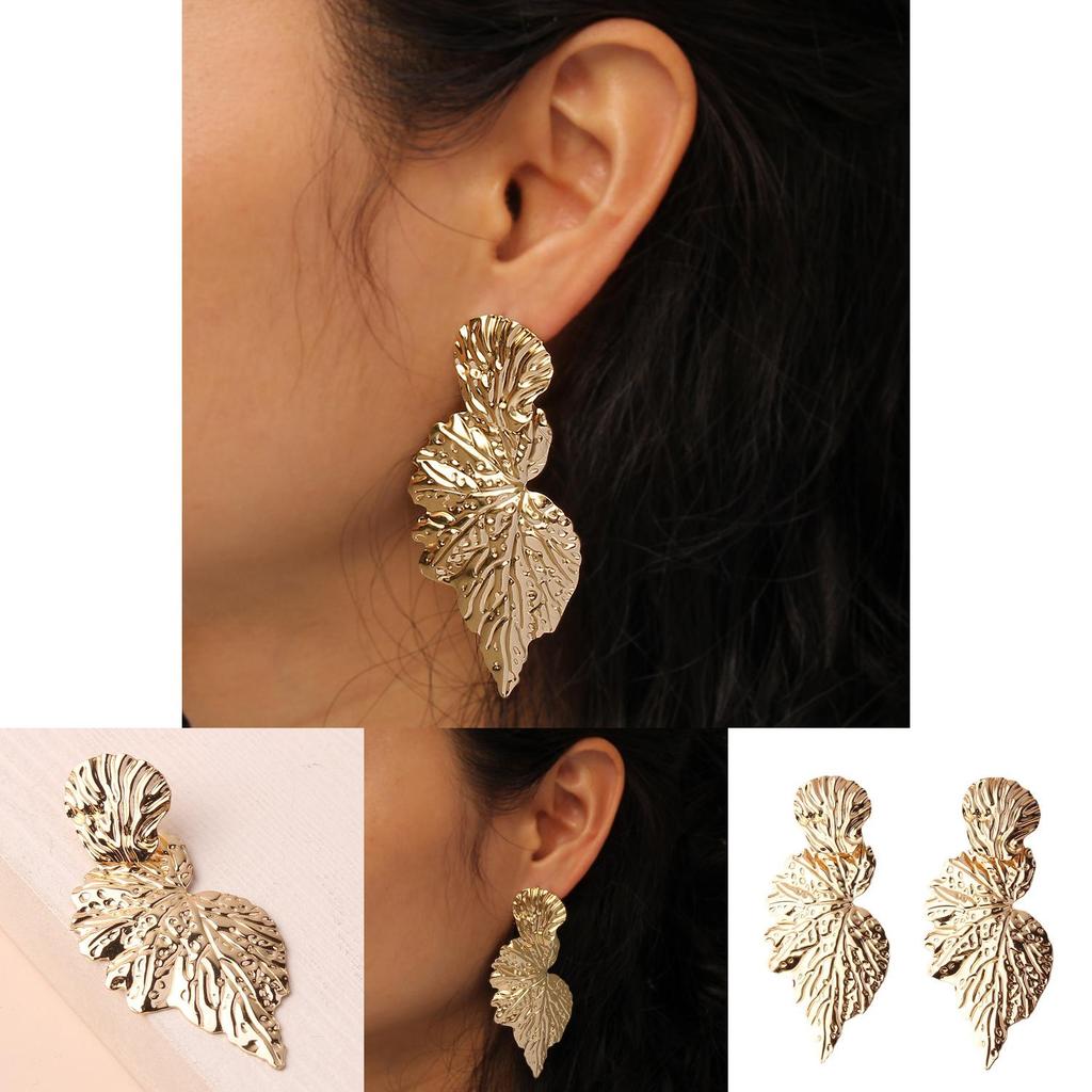 Metal Leaf Earrings With Gold Coating And Bold Design For Women