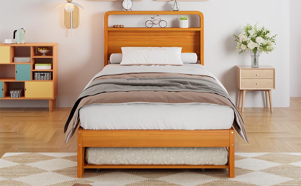Letto in Legno 90x200 cm con Letto Estraibile 90x190 cm, Letto Funzionale con Letto Ospite Montabile a Sinistra/Destra, Testiera Arrotondata e Design Salvaspazio