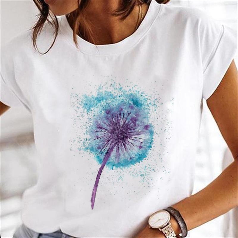 Women's Dandelion Love Butterfly Printed Letter Half Sleeve Cotton Round Neck Short Sleeve T-Shirts Women Tee