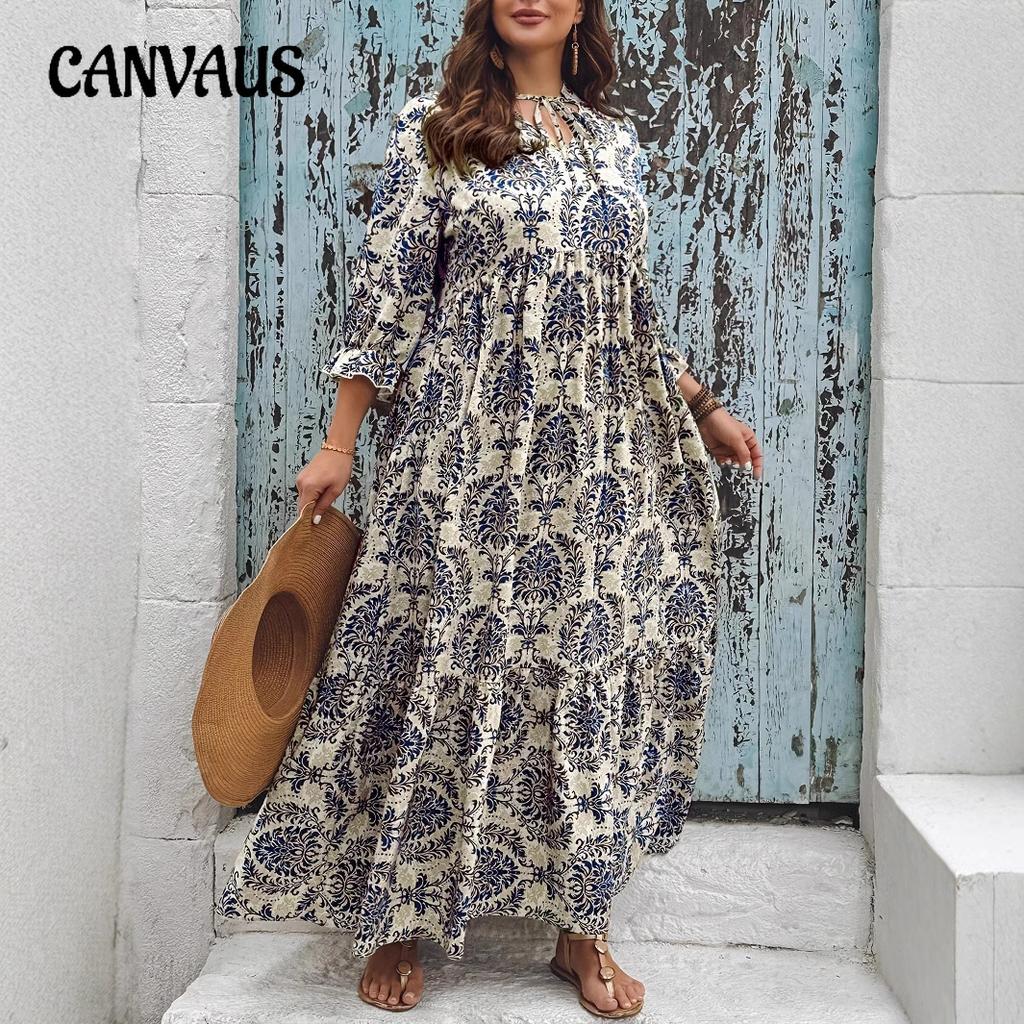 Plus Size Women's Printed V Neck Fashion All In One Holiday Dress