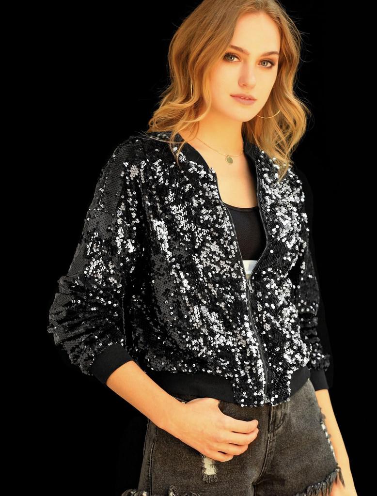 Allegra K Women's Christmas Stadium Jacket, Sequined, Shiny, Long Sleeve, Zipper Detail, Short Length, Black, Size L