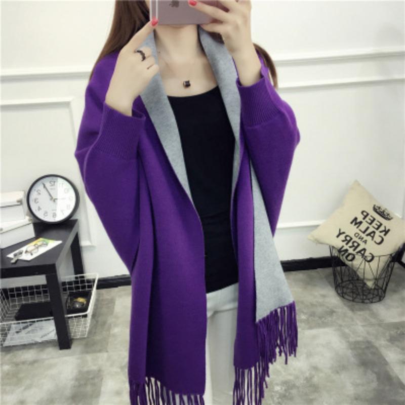 Women'S Double-Sided Shawl, Scarf, Dual-Purpose Fringed Thickened Long-Sleeved Cashmere-Blend Cape Jacket