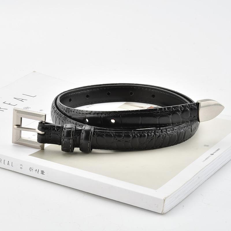 Retro Leather Small Belt Cowhide Female Student Simple and Versatile Decorative Crocodile Pattern Thin Belt Women with Suit Skirt