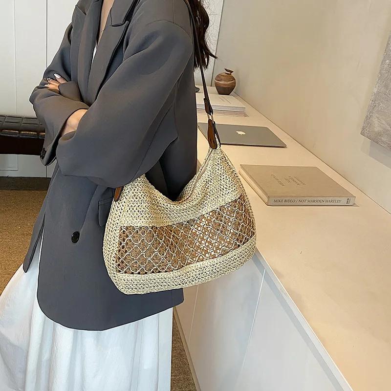 

Женские Повседневные Универсальные Сумки на Одно Плечо Женские Летние Пляжные Отпускные Сумки Через Плечо Женская Плетеная Сумка Большой Вместимости Новые 33x9x24cm бежевый