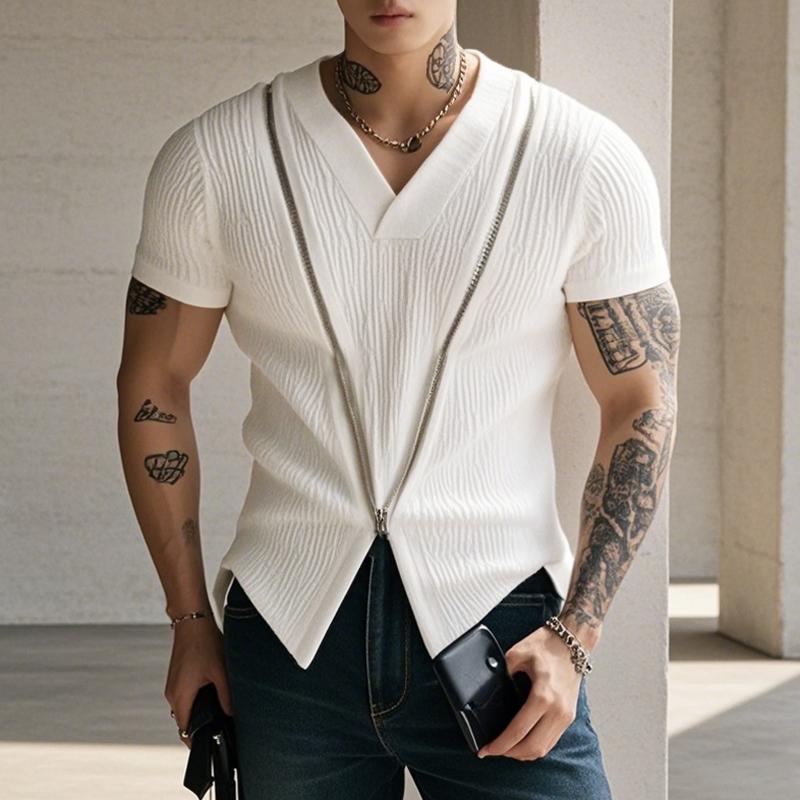 

INCERUN Мужские летние футболки с коротким рукавом и молнией спереди, облегающие топы с текстурой 5XL белый