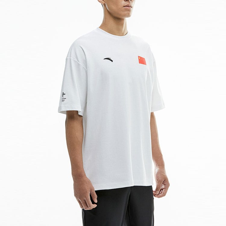 Anta National Flag T Shirts Unisex White Crew Neck Moderate Straight Fit 152130132-1