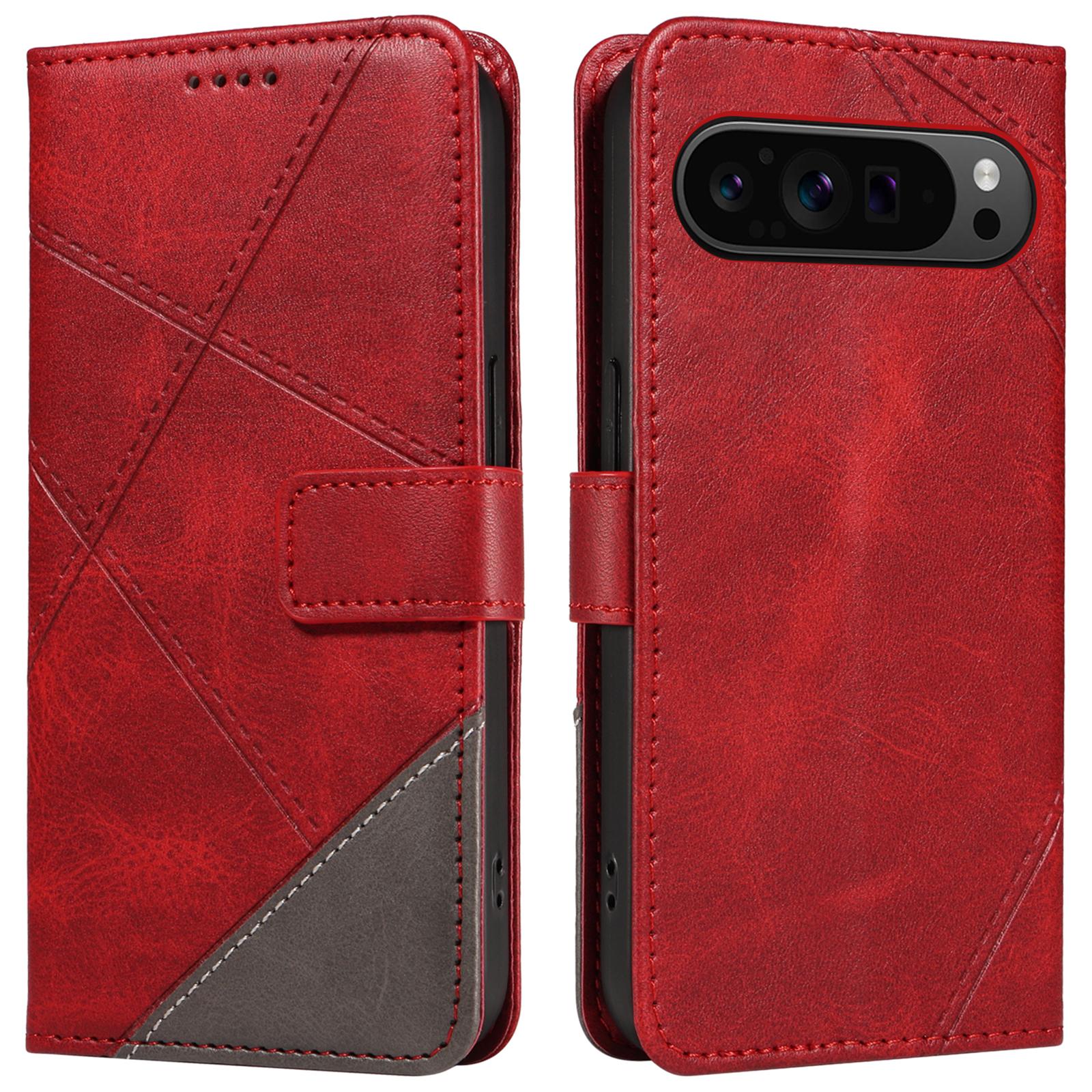 

For Google Pixel 9 Pro Case Geometric Line Wallet Leather Phone Cover Red