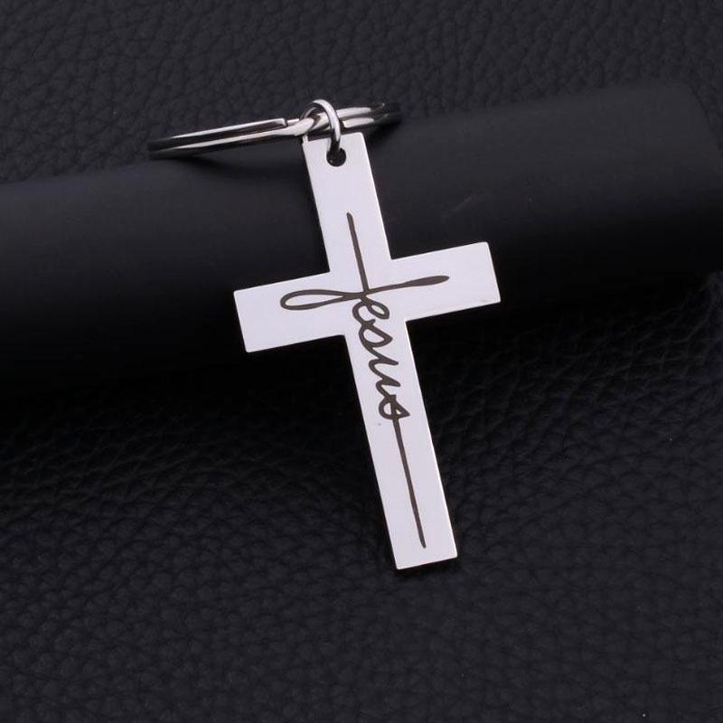 Men's Stainless Steel Cross Keychain with Inspirational Engraving