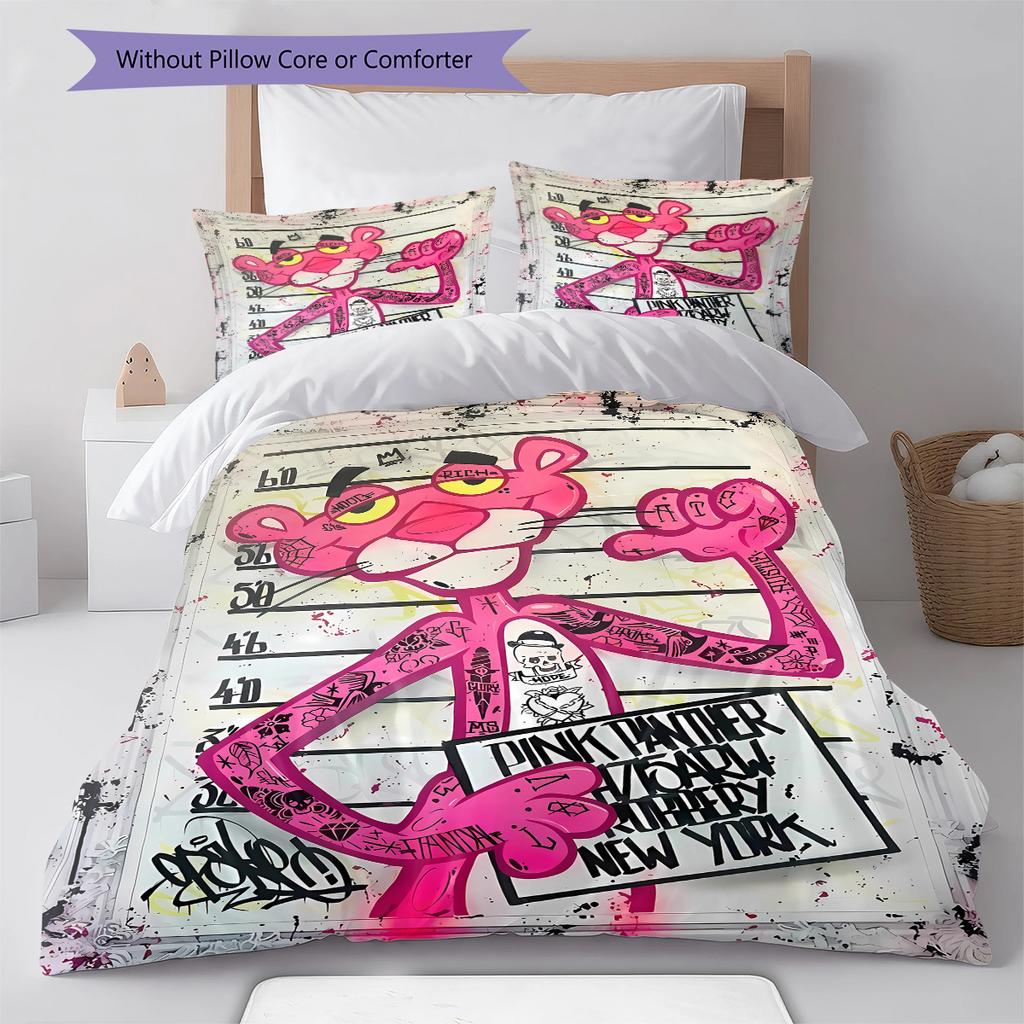 Juego de ropa de cama con estampado de la Pantera Rosa, funda nórdica y funda de almohada. Regalo ideal para el hogar o cumpleaños. (1 * funda nórdica + 2 * fundas de almohada, sin núcleo)