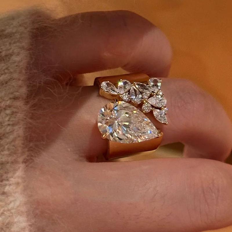 Inspiration Design Inlay Diamonds Glossy Double Headed Droplet Gemstone Rings For Women Luxury High-End Ring Banquet Jewelry