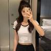 Women's Color Block Trim Crop Top, Cotton Slim Fit Short Sleeve T-Shirt