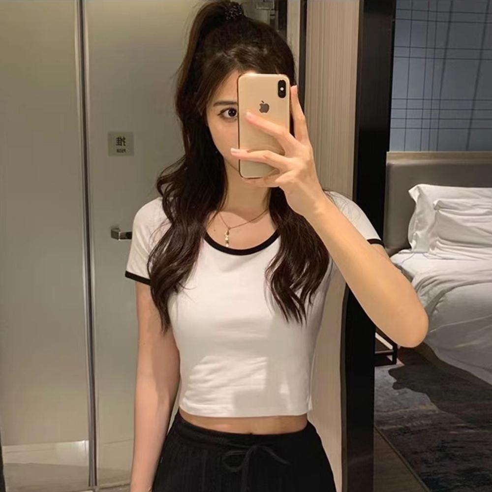 Women's Color Block Trim Crop Top, Cotton Slim Fit Short Sleeve T-Shirt