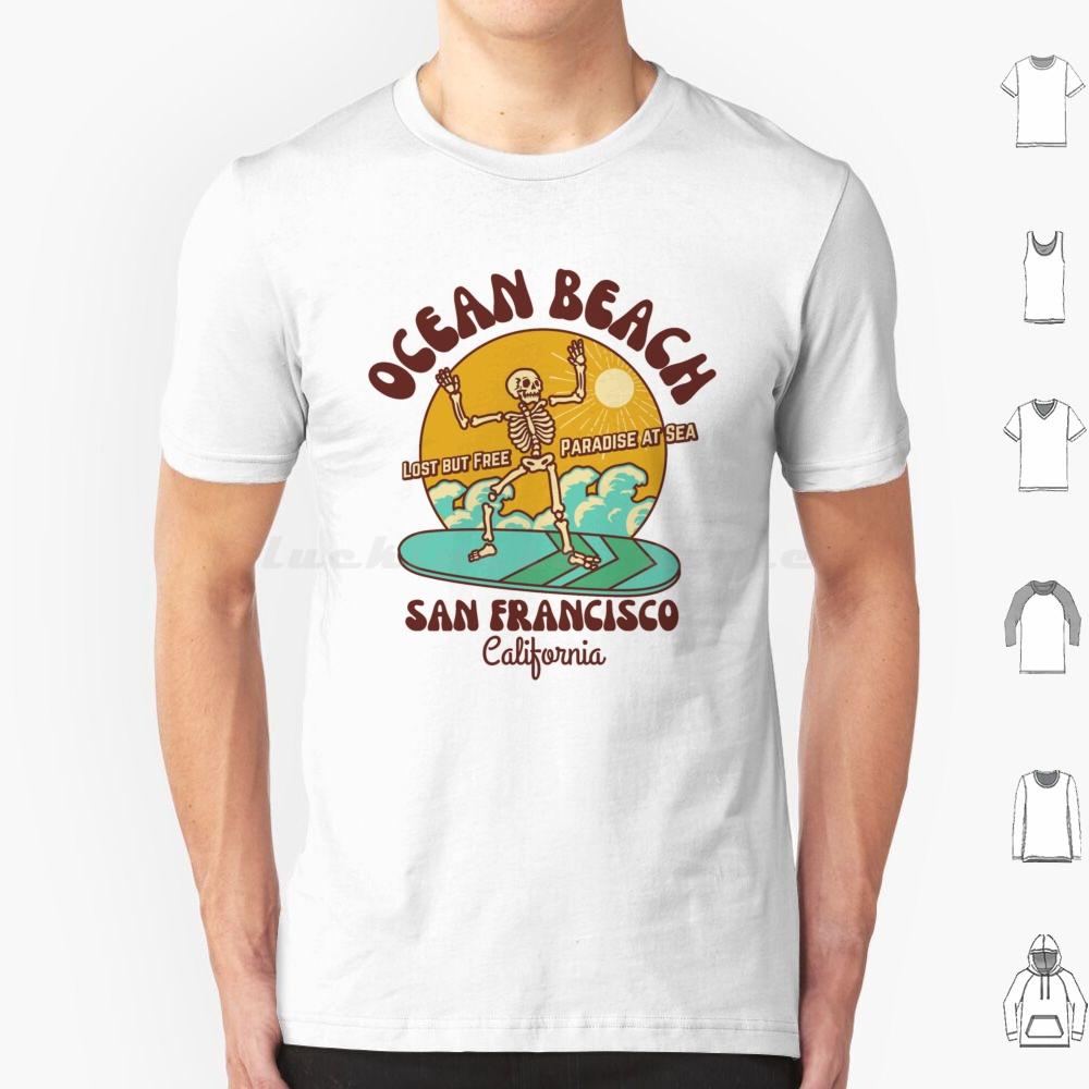 Retro Sixties Ocean Beach  San Francisco  California  Brown TextSkeleton Beach  Skeleton Surf T Shirt 6xl Cotton Cool Tee S