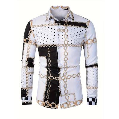 Lente Herfst Nieuw Heren Lange Mouw 100% Polyester Shirt Tops Kettingpatroon 3D Digitale Print Business Casual Shirt