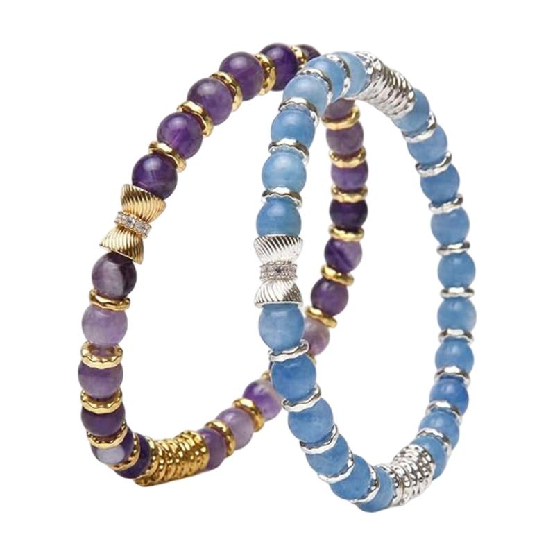 Natural Stone Stretch Bracelet Set, 2 Round Bead Bracelets with Mixed-Tone Spacers for Stacked or Separate Wear