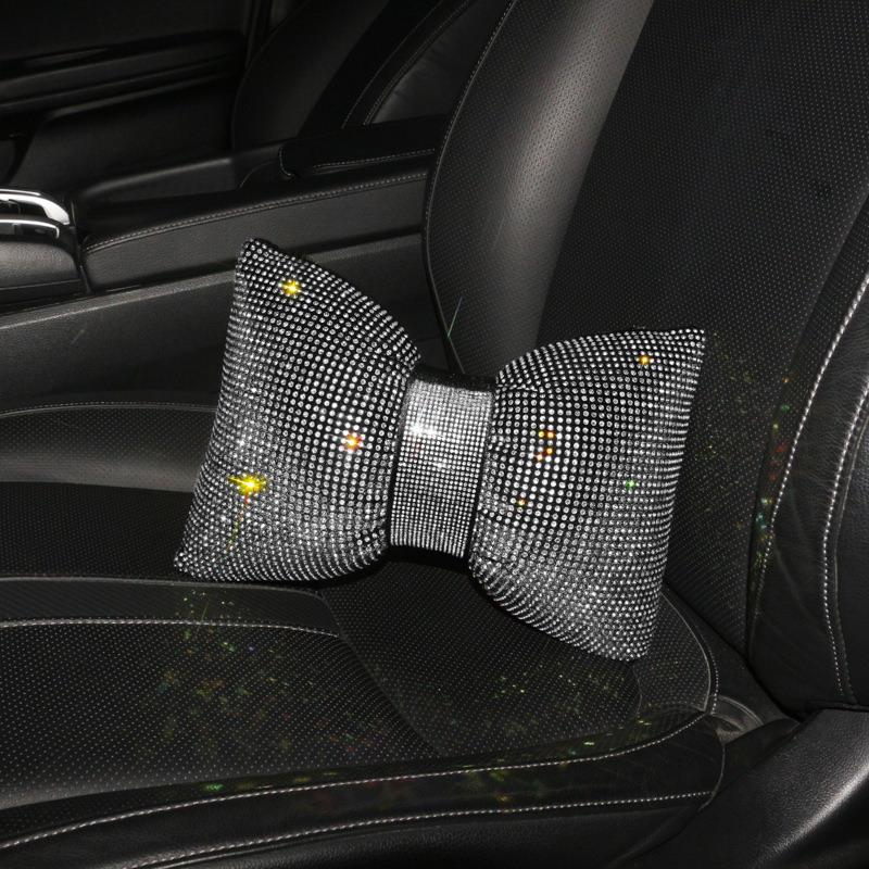 1Pc Diamond Bowknot Car Neck Pillow Auto Headrest Seat Support Waist Pillows Bling Car Accessories For Women