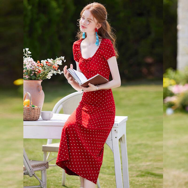 Bailuyu Women s Polka Dot U-Neck Slim-Fit Long Dress S