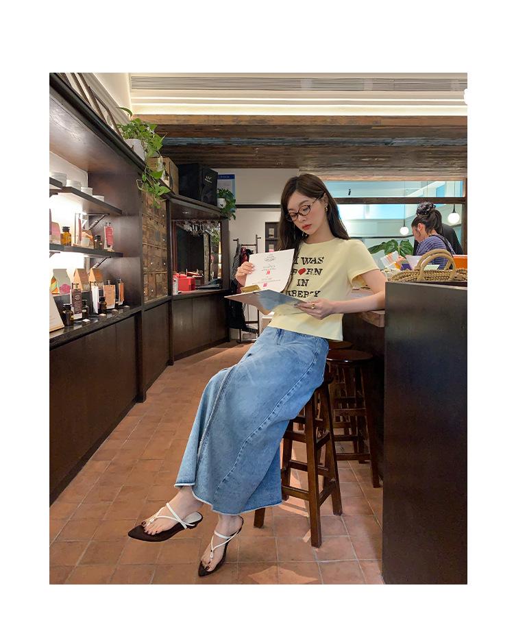Introducing the "NEWOPEN 2025 Retro Washed Patchwork High Waist Denim Midi Skirt S5097" – a Stylish Summer Staple for a Slimming Vintage Look.