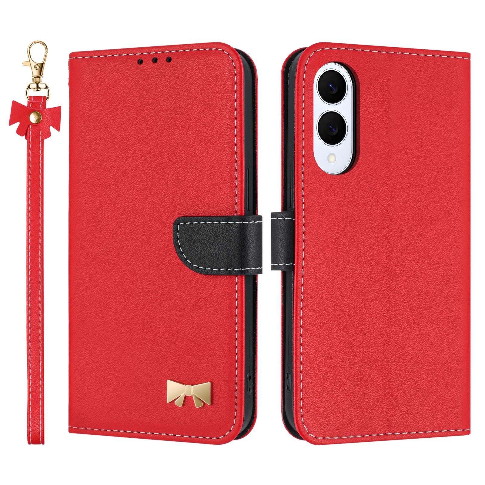 

For Samsung Galaxy S25 Edge Case Bowknot Decor Wallet Leather Phone Cover with Wrist Strap Red